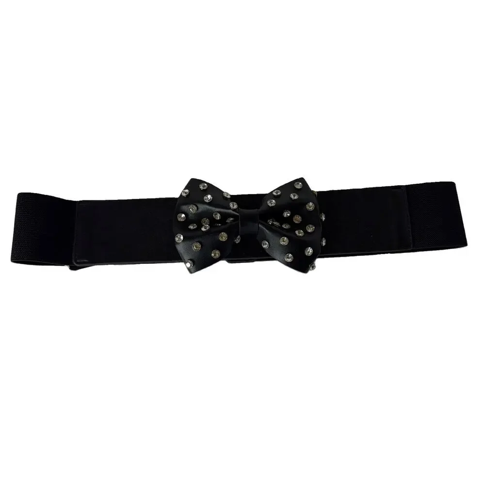 nOir Black Wide Stretch Belt XL Rhinestone Bow Elastic Waist Cinch NWT
